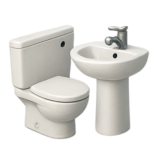 Premium bathroom fittings and sanitaryware by Bhudev Hardware – featuring modern ceramic toilet, designer faucet, washbasin, and glass shower panel