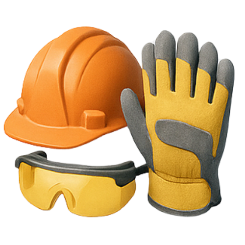 Industrial safety and protection gear at Bhudev Hardware – including helmets, gloves, masks, safety shoes, and reflective jackets